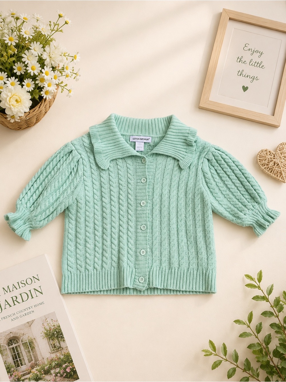 Cotton Emporium Mint Green Cable Knit Puff Sleeve Button Cardigan Sweater